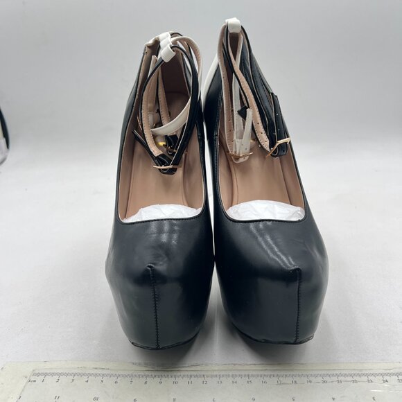 FSJ Black and White Platform Stiletto Heels Buckles Ankle Strap Pumps - Picture 3 of 8